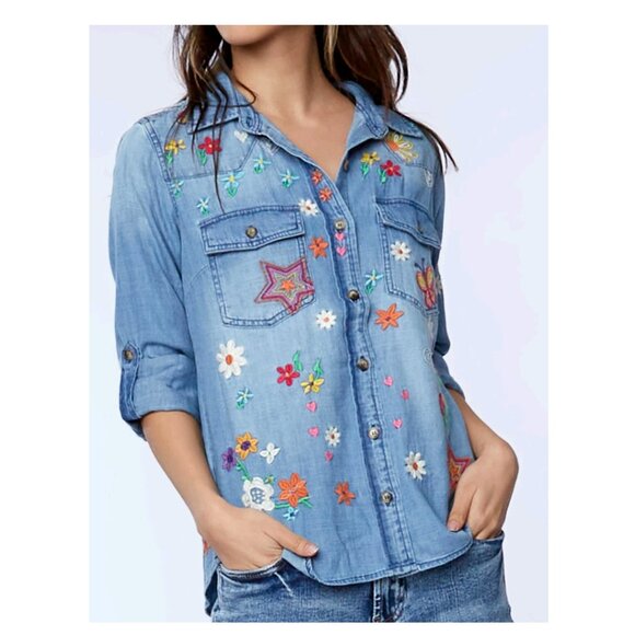 Billy T Sketchbook Embroidered Button-Up Denim Shirt Size Large - Picture 3 of 16